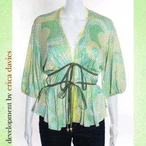 ERICA DAVIES Lime/Yellow Abstract Silk Tie Blouse